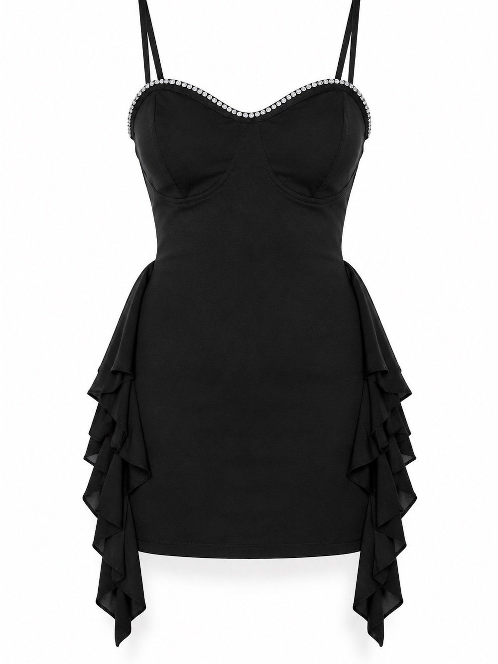 Source Unknown Black Rhinestone-Trim Ruffle Mini Dress - Picture 2 of 4